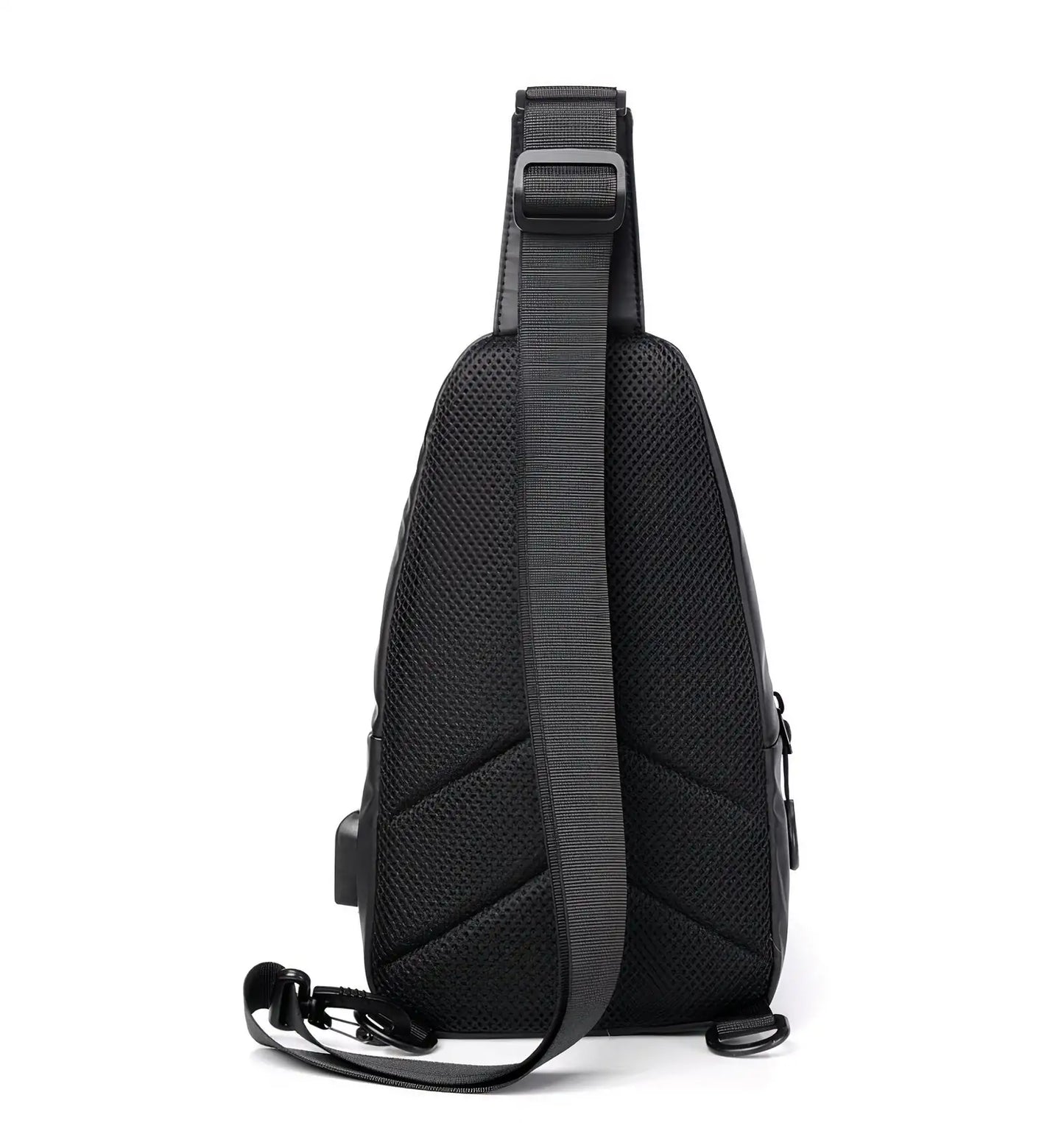 Sleek crossbody sling bag with hidden zippers, USB charging port, and adjustable strap.
